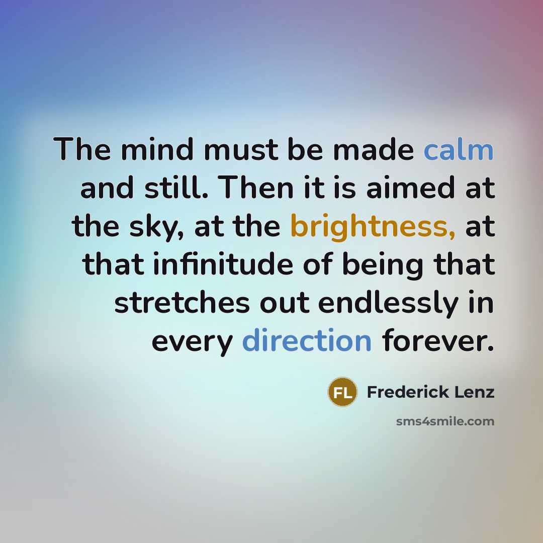 “The mind must be made calm and still. Then it is aimed at the sky, at the brightness, at that infinitude of being that stretches out endlessly in every direction forever.” quote by Frederick Lenz