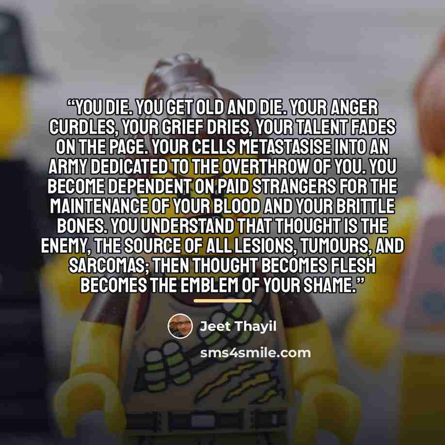 “You die. You get old and die. Your anger curdles, your grief dries, your talent fades on the page. Your cells metastasise into an army dedicated to the overthrow of you. You become dependent on paid strangers for the maintenance of your blood and your brittle bones. You understand that thought is…” quote by Jeet Thayil