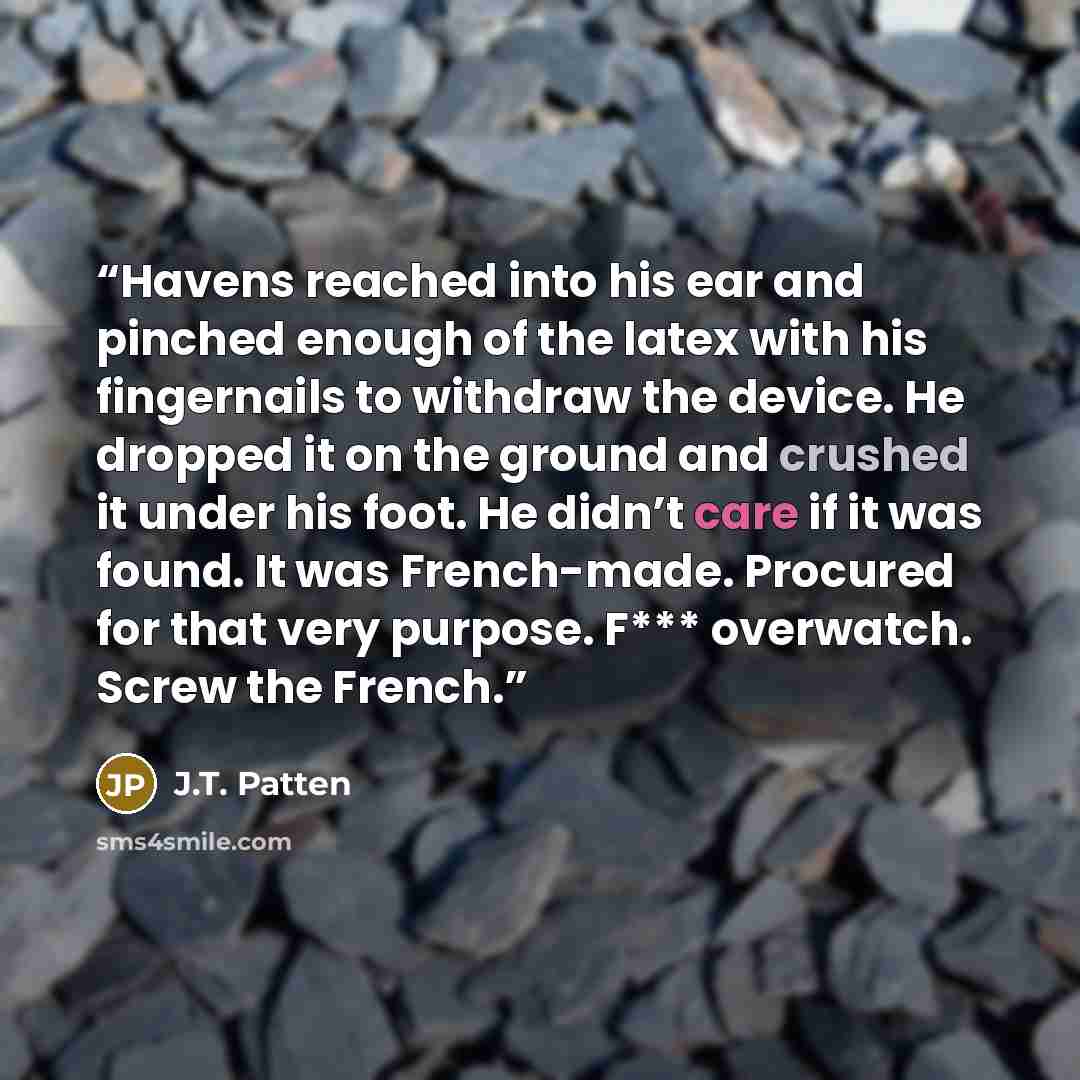 “Havens reached into his ear and pinched enough of the latex with his fingernails to withdraw the device. He dropped it on the ground and crushed it under his foot. He didn’t care if it was found. It was French-made. Procured for that very purpose. F*** overwatch. Screw the French.” quote by J.T. Patten