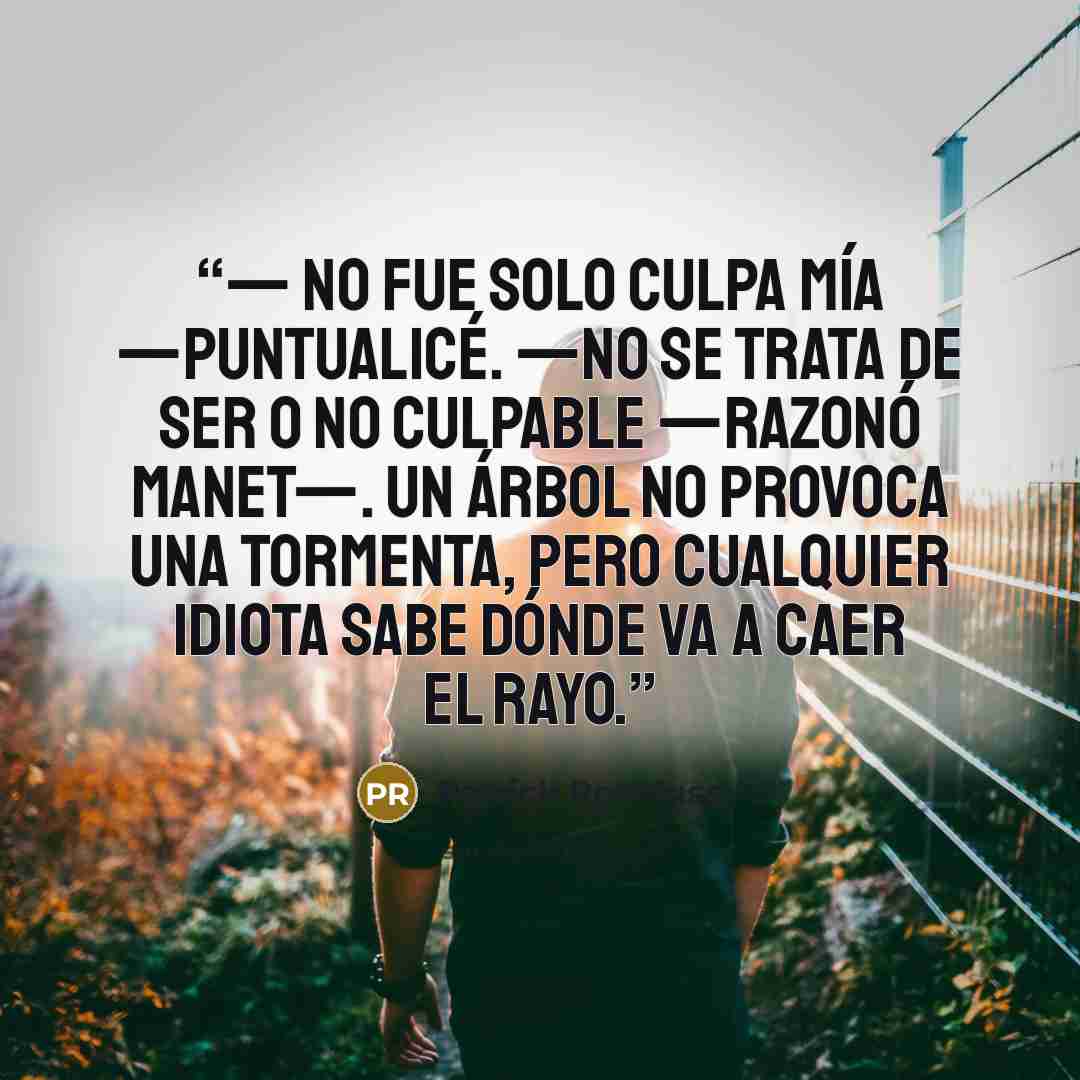 “— No fue solo culpa mía —puntualicé. —No se trata de ser o no culpable —razonó Manet—. Un árbol no provoca una tormenta, pero cualquier idiota sabe dónde va a caer el rayo.” quote by Patrick Rothfuss