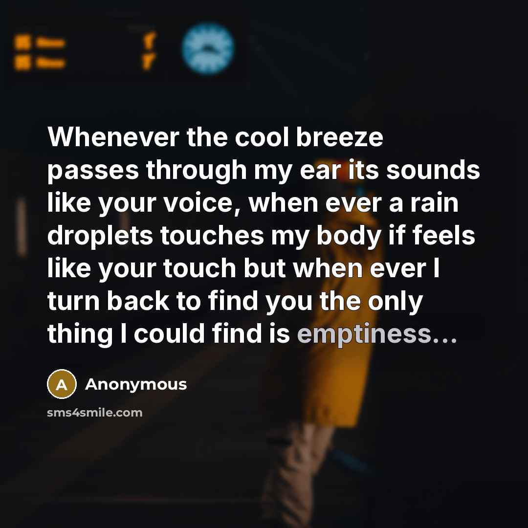 “Whenever the cool breeze passes through my ear its sounds like your voice, when ever a rain droplets touches my body if feels like your touch but when ever I turn back to find you the only thing I could find is emptiness...” quote by Anonymous