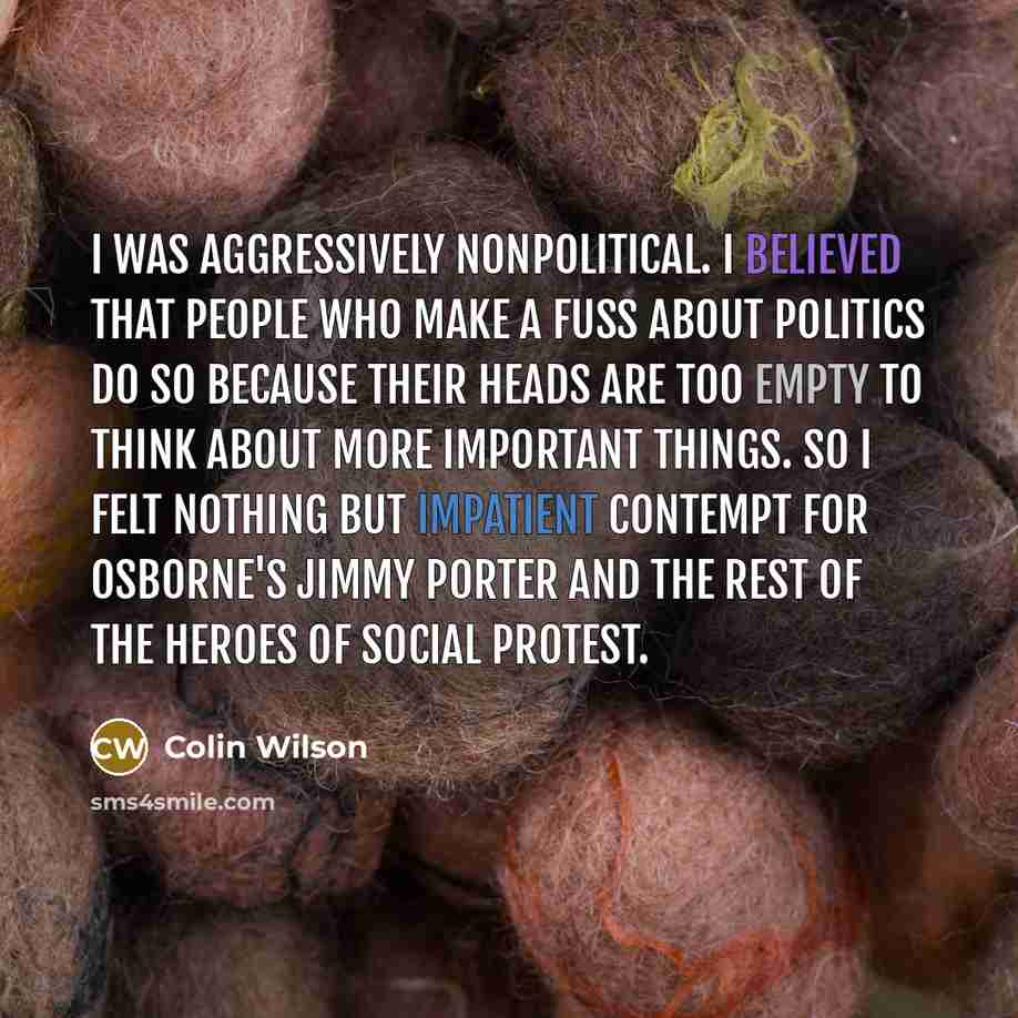 “I was aggressively nonpolitical. I believed that people who make a fuss about politics do so because their heads are too empty to think about more important things. So I felt nothing but impatient contempt for Osborne's Jimmy Porter and the rest of the heroes of social protest.” quote by Colin Wilson