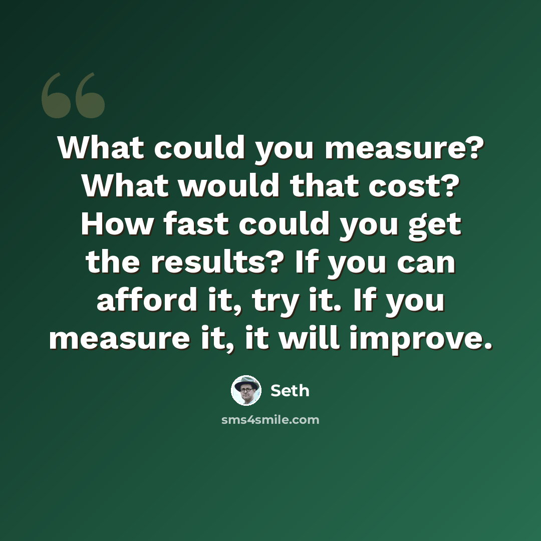 “What could you measure? What would that cost? How fast could you get the results? If you can afford it, try it. If you measure it, it will improve.” quote by Seth