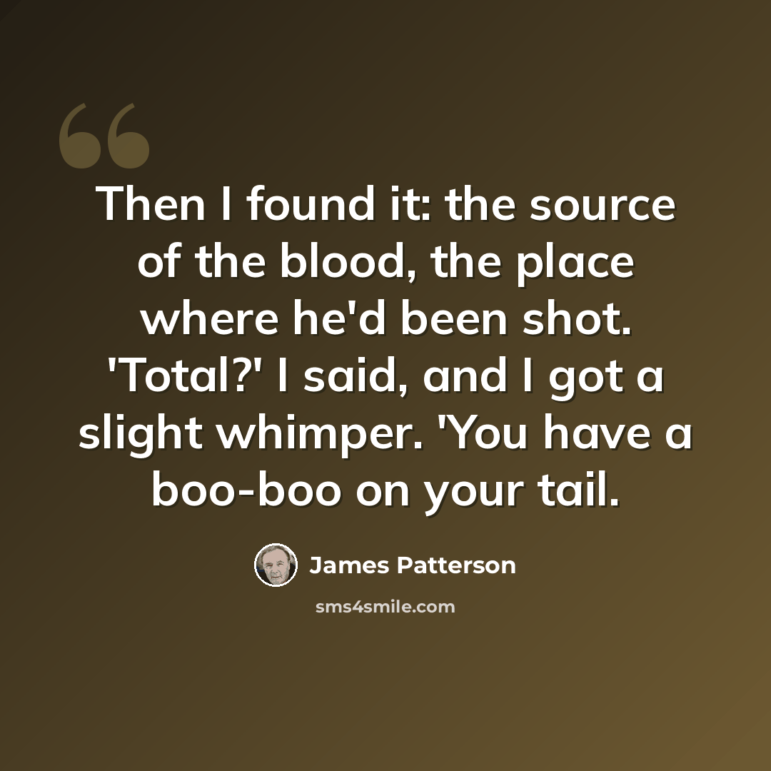 “Then I found it: the source of the blood, the place where he'd been shot. 'Total?' I said, and I got a slight whimper. 'You have a boo-boo on your tail.” quote by James Patterson