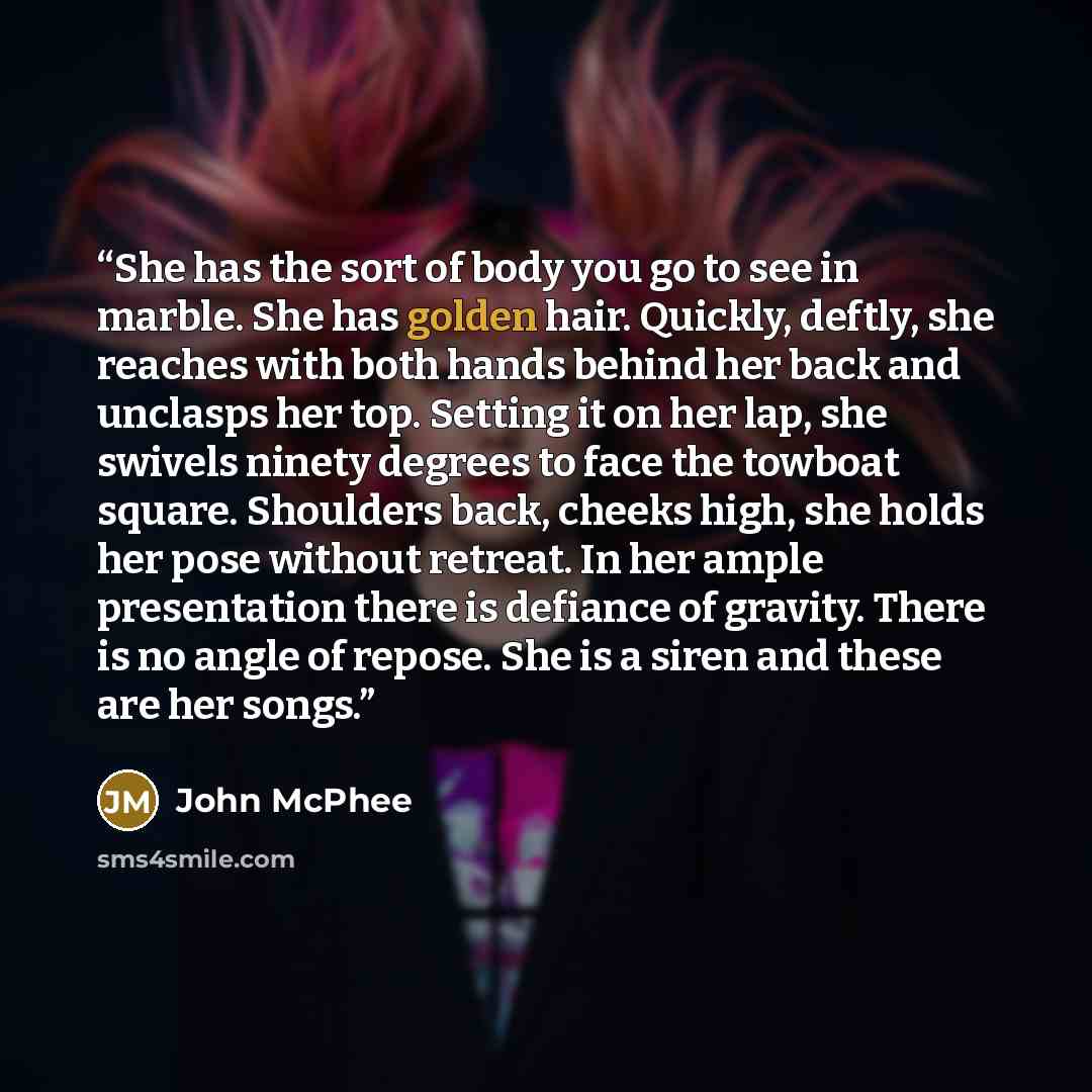 “She has the sort of body you go to see in marble. She has golden hair. Quickly, deftly, she reaches with both hands behind her back and unclasps her top. Setting it on her lap, she swivels ninety degrees to face the towboat square. Shoulders back, cheeks high, she holds her pose without retreat…” quote by John McPhee