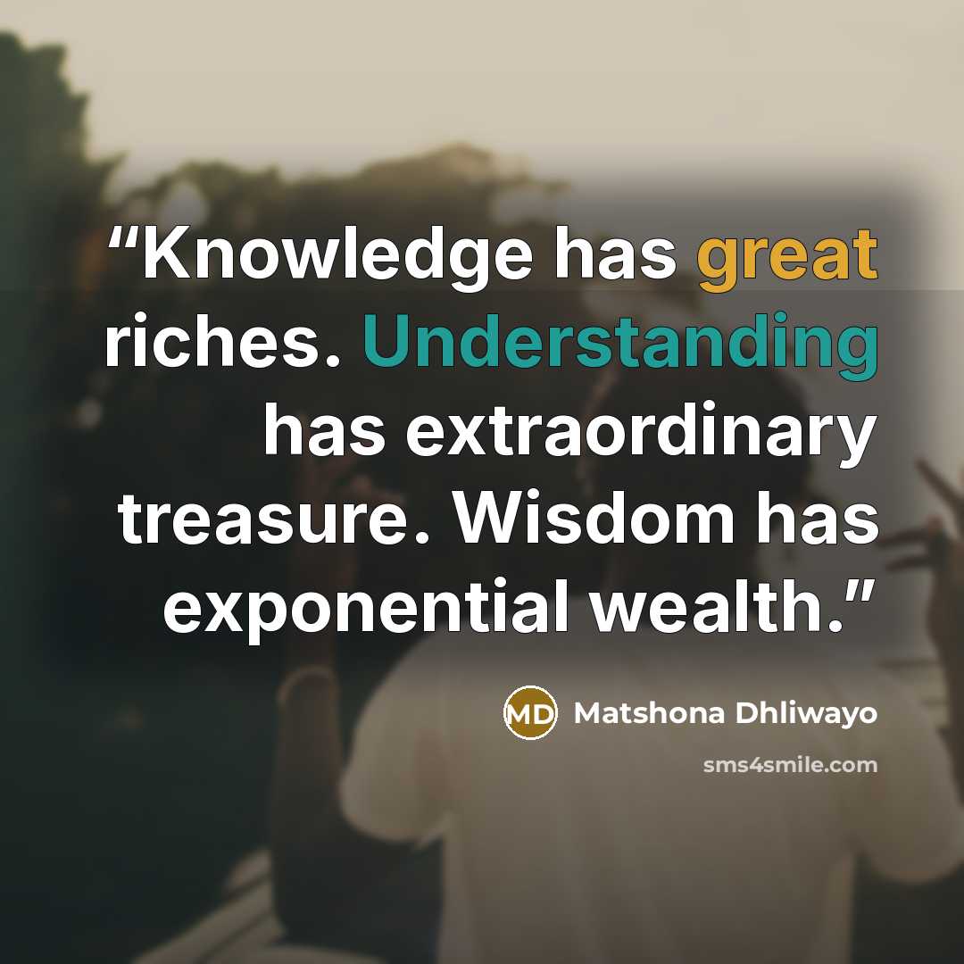 “Knowledge has great riches. Understanding has extraordinary treasure. Wisdom has exponential wealth.” quote by Matshona Dhliwayo