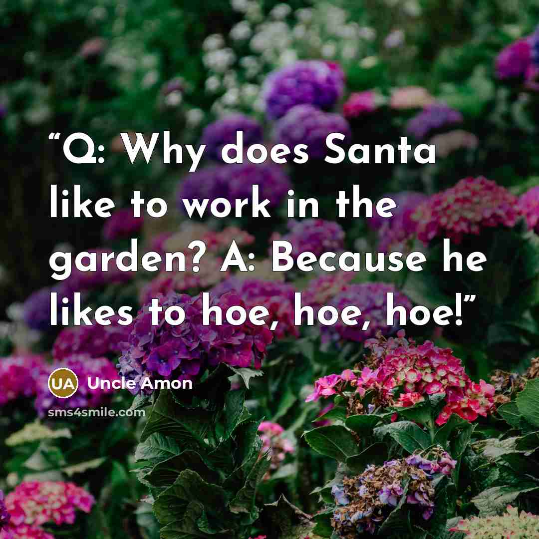 “Q: Why does Santa like to work in the garden? A: Because he likes to hoe, hoe, hoe!” quote by Uncle Amon
