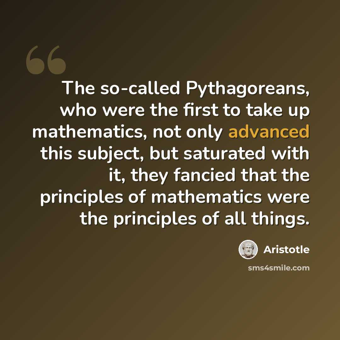 “The so-called Pythagoreans, who were the first to take up mathematics, not only advanced this subject, but saturated with it, they fancied that the principles of mathematics were the principles of all things.” quote by Aristotle