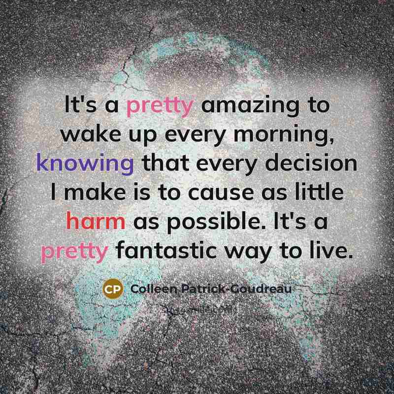 “It's a pretty amazing to wake up every morning, knowing that every decision I make is to cause as little harm as possible. It's a pretty fantastic way to live.” quote by Colleen Patrick-Goudreau