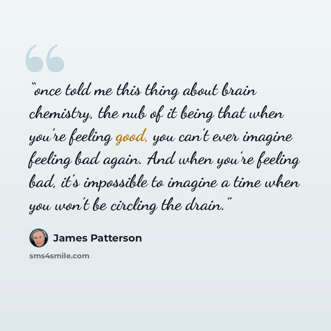 “once told me this thing about brain chemistry, the nub of it being that when you’re feeling good, you can’t ever imagine feeling bad again. And when you’re feeling bad, it’s impossible to imagine a time when you won’t be circling the drain.” quote by James Patterson