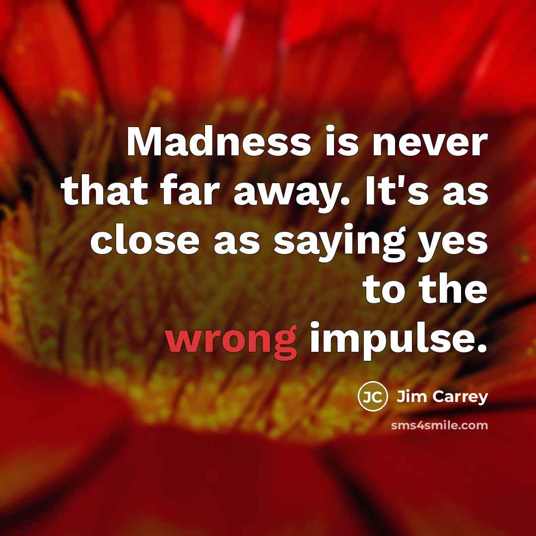 “Madness is never that far away. It's as close as saying yes to the wrong impulse.” quote by Jim Carrey