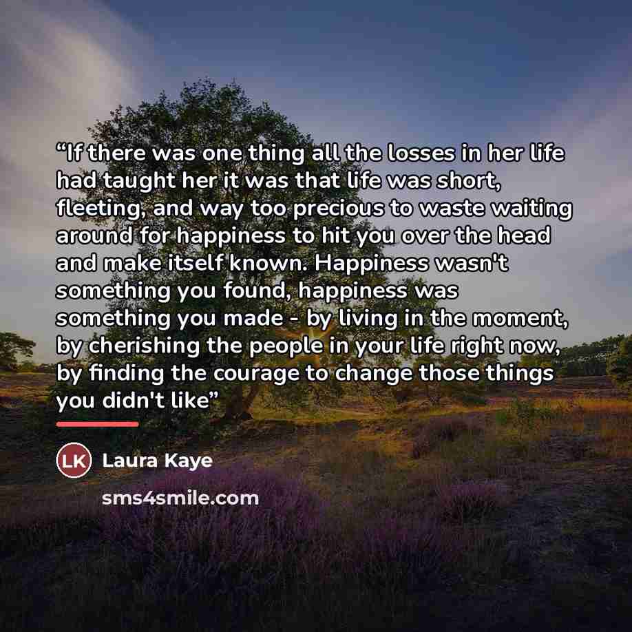 “If there was one thing all the losses in her life had taught her it was that life was short, fleeting, and way too precious to waste waiting around for happiness to hit you over the head and make itself known. Happiness wasn't something you found, happiness was something you made - by living in…” quote by Laura Kaye