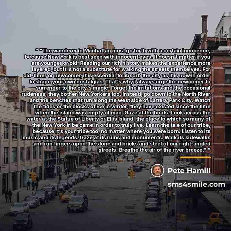 “The wanderer in Manhattan must go forth with a certain innocence, because New York is best seen with innocent eyes. It doesn't matter if you are younger or old. Reading our rich history makes the experience more layered, but it is not a substitute for walking the streets themselves. For old-timer…” quote by Pete Hamill