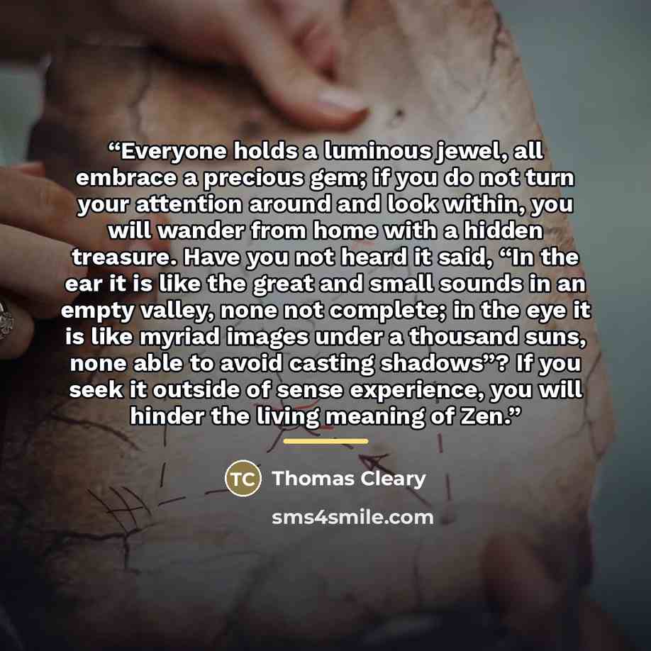 “Everyone holds a luminous jewel, all embrace a precious gem; if you do not turn your attention around and look within, you will wander from home with a hidden treasure. Have you not heard it said, “In the ear it is like the great and small sounds in an empty valley, none not complete; in the eye…” quote by Thomas Cleary