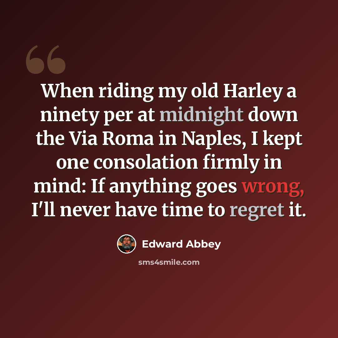 “When riding my old Harley a ninety per at midnight down the Via Roma in Naples, I kept one consolation firmly in mind: If anything goes wrong, I'll never have time to regret it.” quote by Edward Abbey