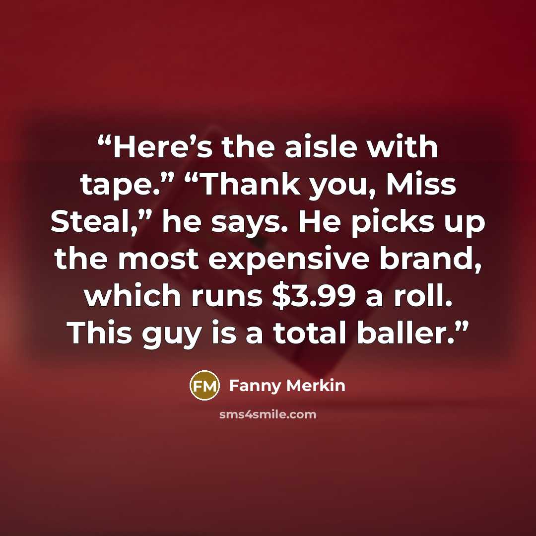 “Here’s the aisle with tape.” “Thank you, Miss Steal,” he says. He picks up the most expensive brand, which runs $3.99 a roll. This guy is a total baller.” quote by Fanny Merkin