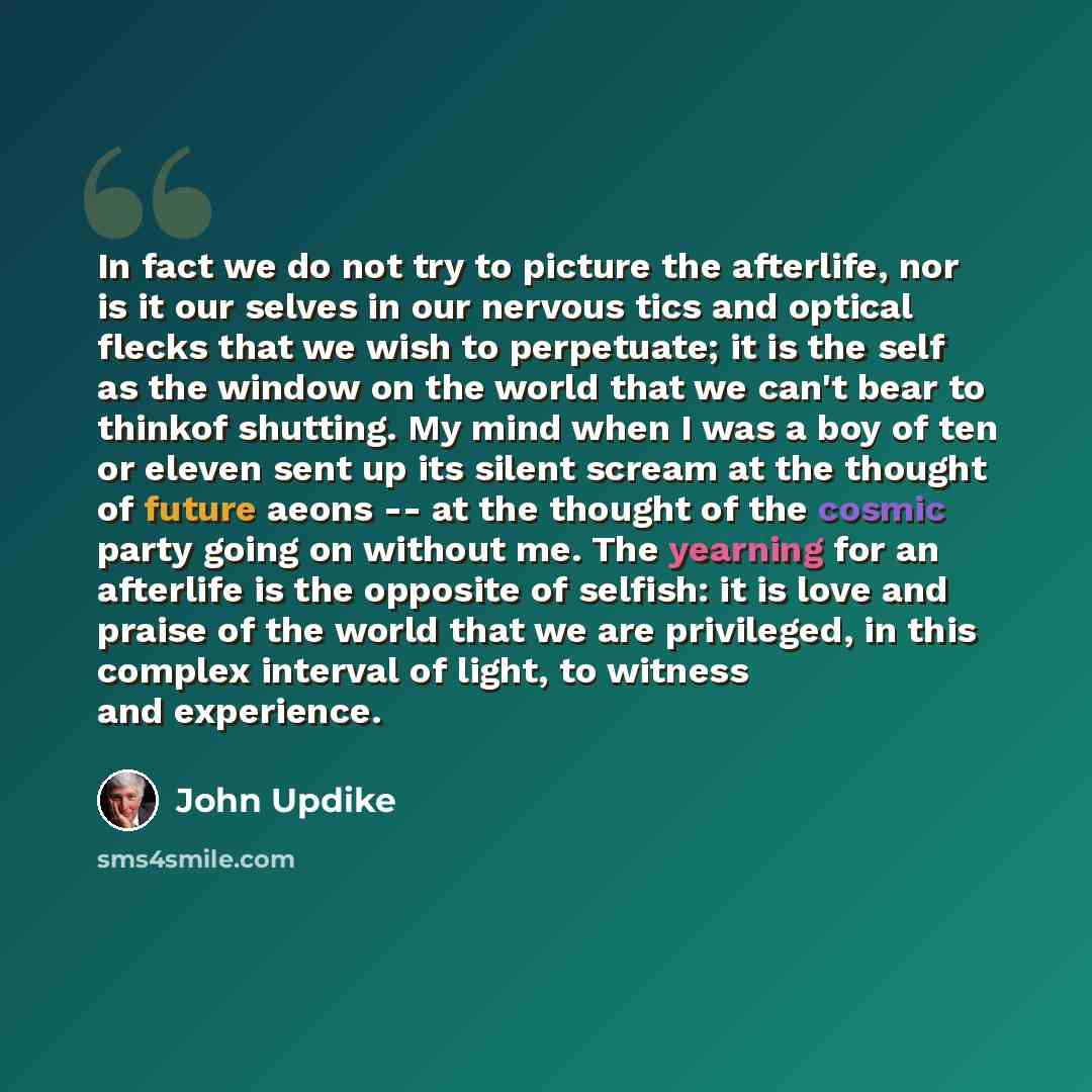 “In fact we do not try to picture the afterlife, nor is it our selves in our nervous tics and optical flecks that we wish to perpetuate; it is the self as the window on the world that we can't bear to thinkof shutting. My mind when I was a boy of ten or eleven sent up its silent scream at the…” quote by John Updike