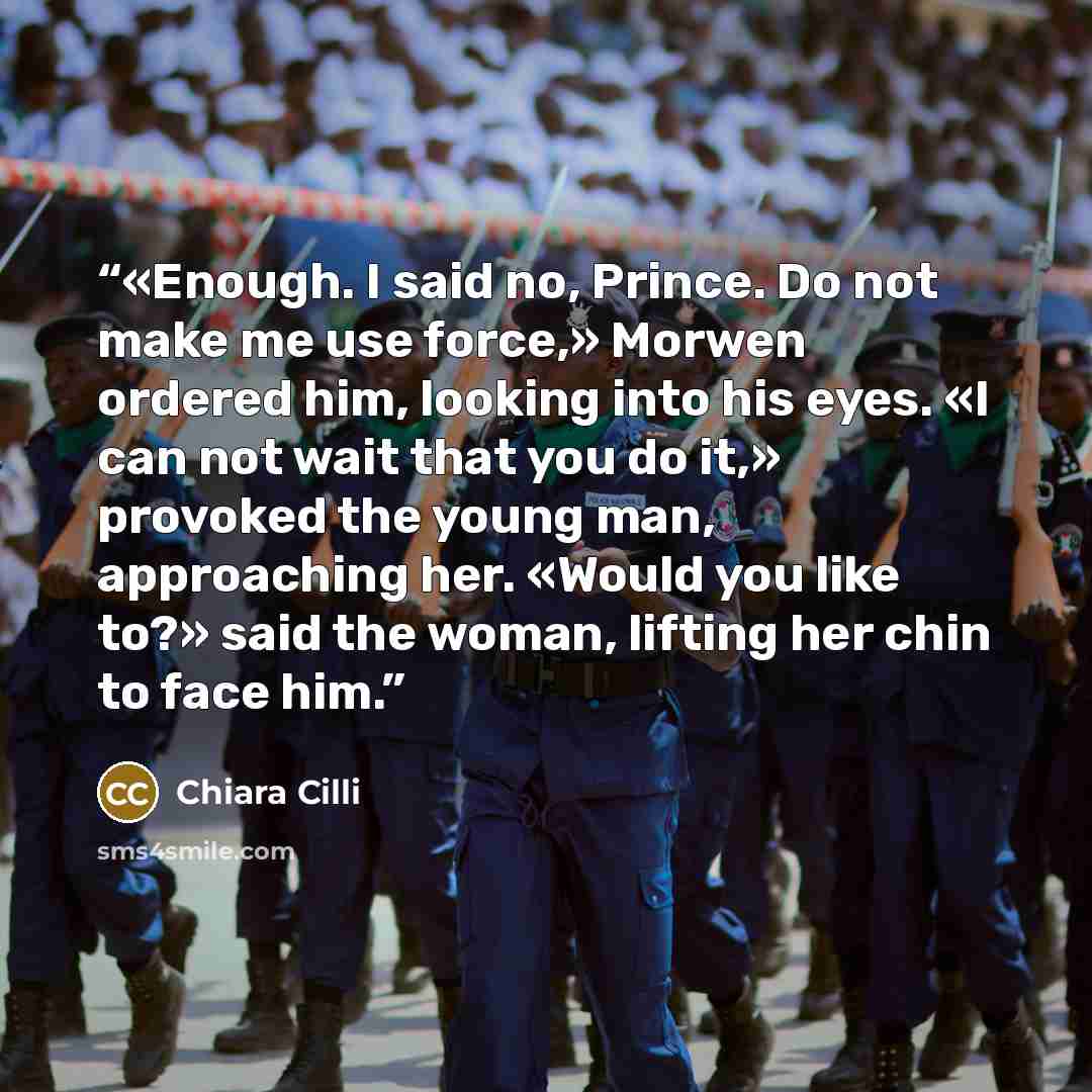“«Enough. I said no, Prince. Do not make me use force,» Morwen ordered him, looking into his eyes. «I can not wait that you do it,» provoked the young man, approaching her. «Would you like to?» said the woman, lifting her chin to face him.” quote by Chiara Cilli