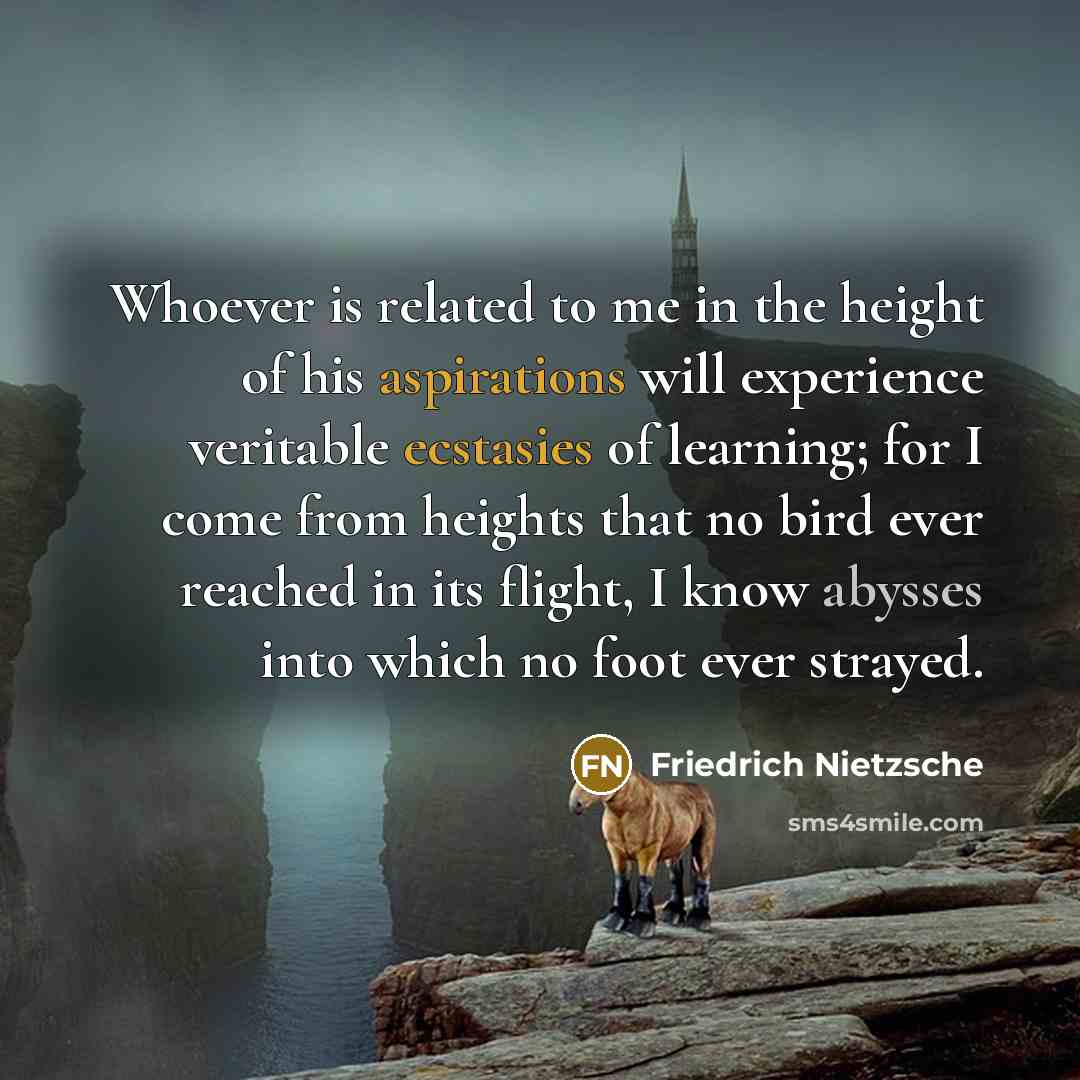 “Whoever is related to me in the height of his aspirations will experience veritable ecstasies of learning; for I come from heights that no bird ever reached in its flight, I know abysses into which no foot ever strayed.” quote by Friedrich Nietzsche