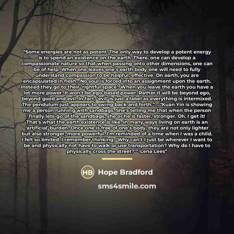 “Some energies are not as potent. The only way to develop a potent energy is to spend an existence on the earth. There, one can develop a compassionate nature so that when passing onto other dimensions, one can be of help. When one leaves one’s earth body one will need to fully understand…” quote by Hope Bradford