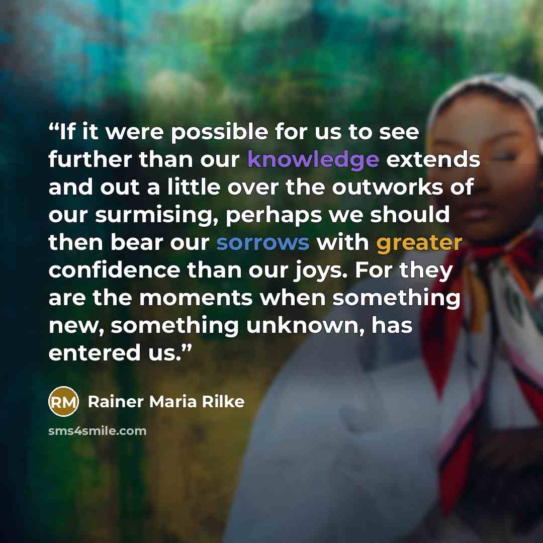 “If it were possible for us to see further than our knowledge extends and out a little over the outworks of our surmising, perhaps we should then bear our sorrows with greater confidence than our joys. For they are the moments when something new, something unknown, has entered us.” quote by Rainer Maria Rilke