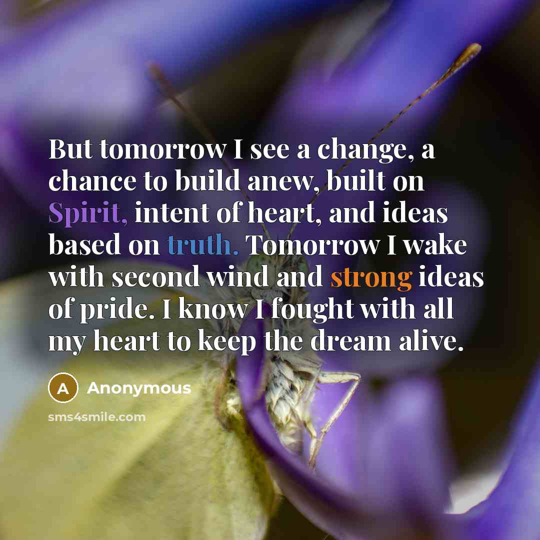 “But tomorrow I see a change, a chance to build anew, built on Spirit, intent of heart, and ideas based on truth. Tomorrow I wake with second wind and strong ideas of pride. I know I fought with all my heart to keep the dream alive.” quote by Anonymous
