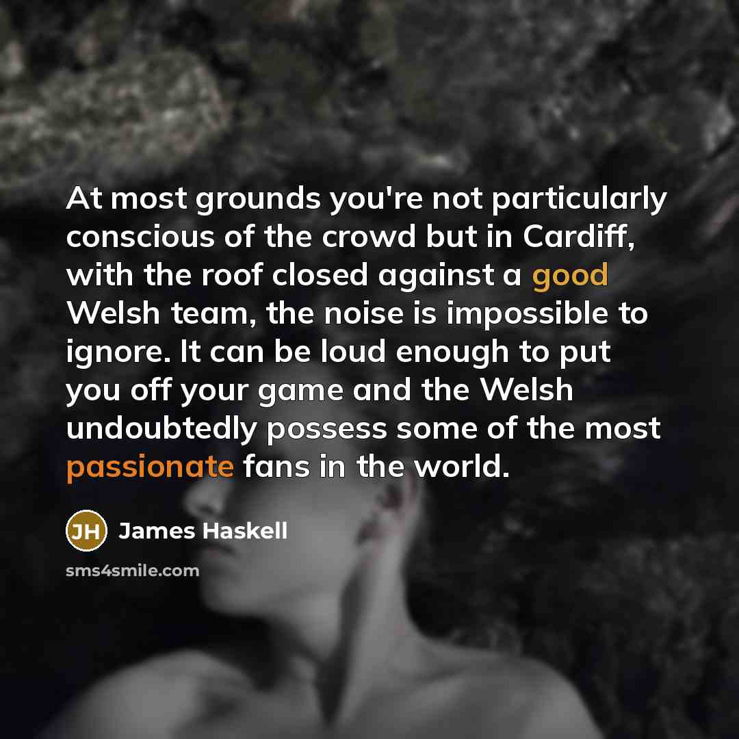 “At most grounds you're not particularly conscious of the crowd but in Cardiff, with the roof closed against a good Welsh team, the noise is impossible to ignore. It can be loud enough to put you off your game and the Welsh undoubtedly possess some of the most passionate fans in the world.” quote by James Haskell