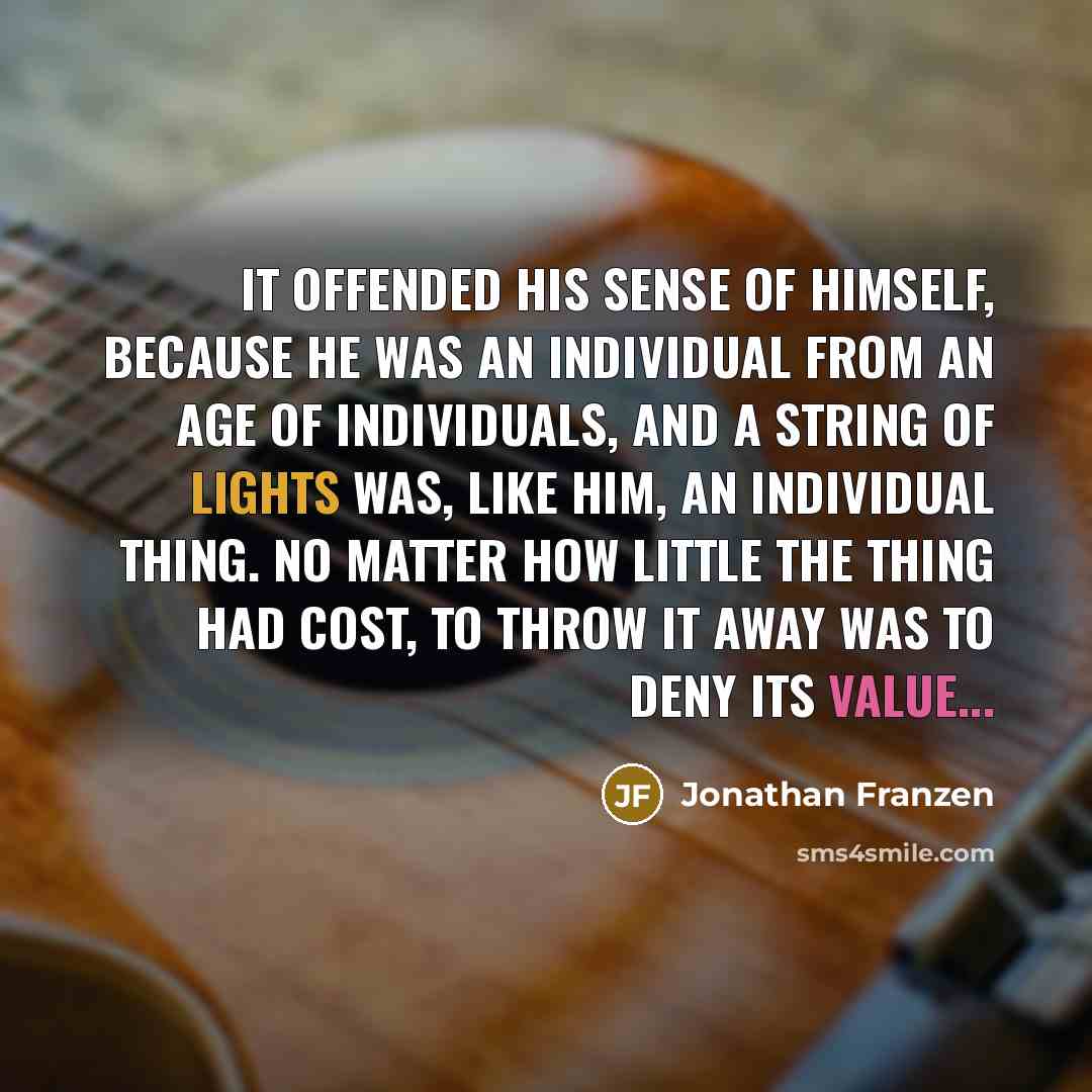 “It offended his sense of himself, because he was an individual from an age of individuals, and a string of lights was, like him, an individual thing. No matter how little the thing had cost, to throw it away was to deny its value...” quote by Jonathan Franzen
