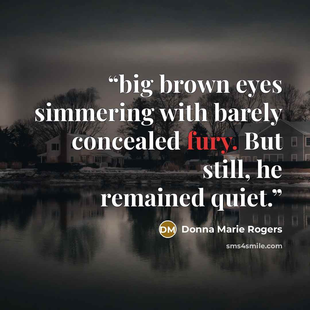 “big brown eyes simmering with barely concealed fury. But still, he remained quiet.” quote by Donna Marie Rogers