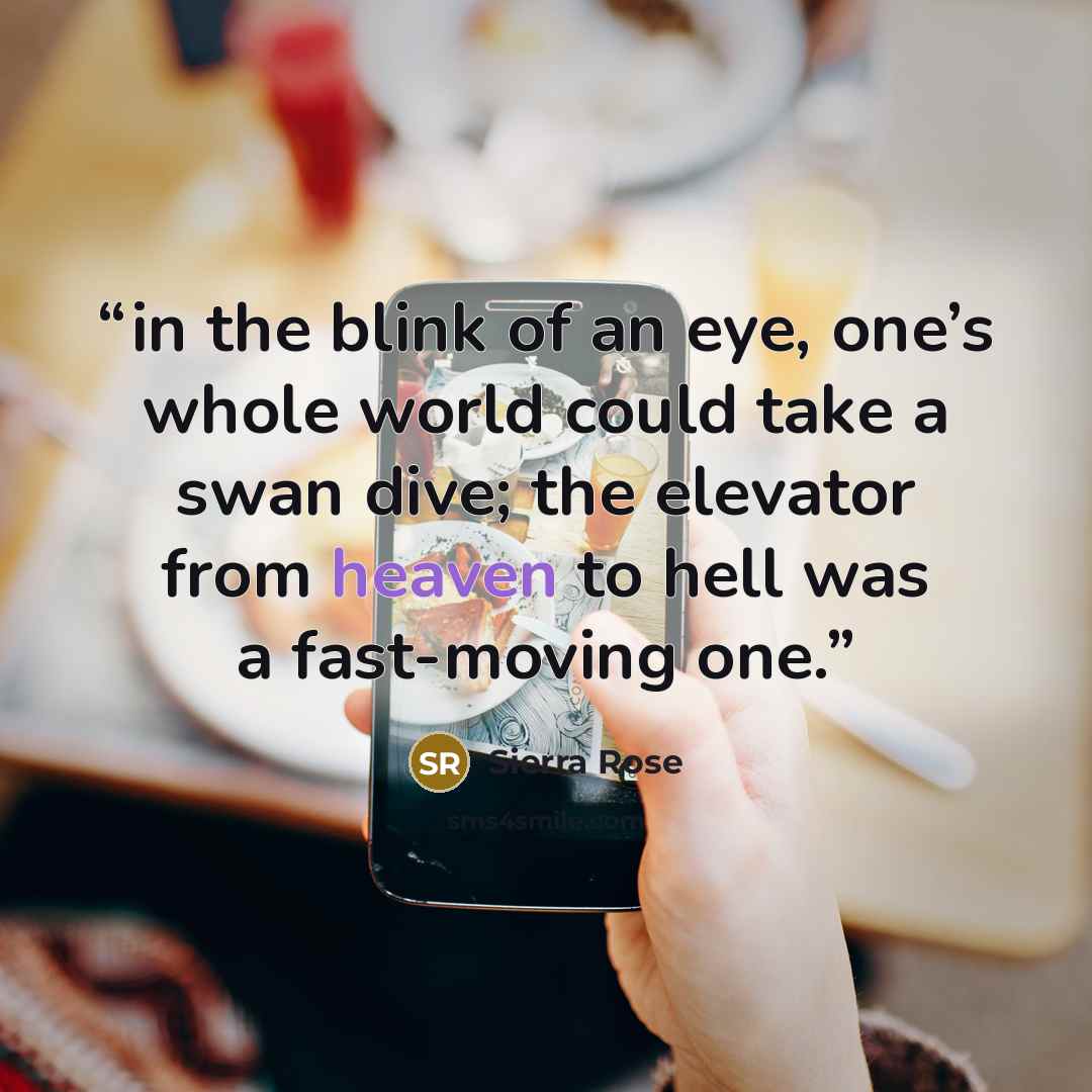 “in the blink of an eye, one’s whole world could take a swan dive; the elevator from heaven to hell was a fast-moving one.” quote by Sierra Rose