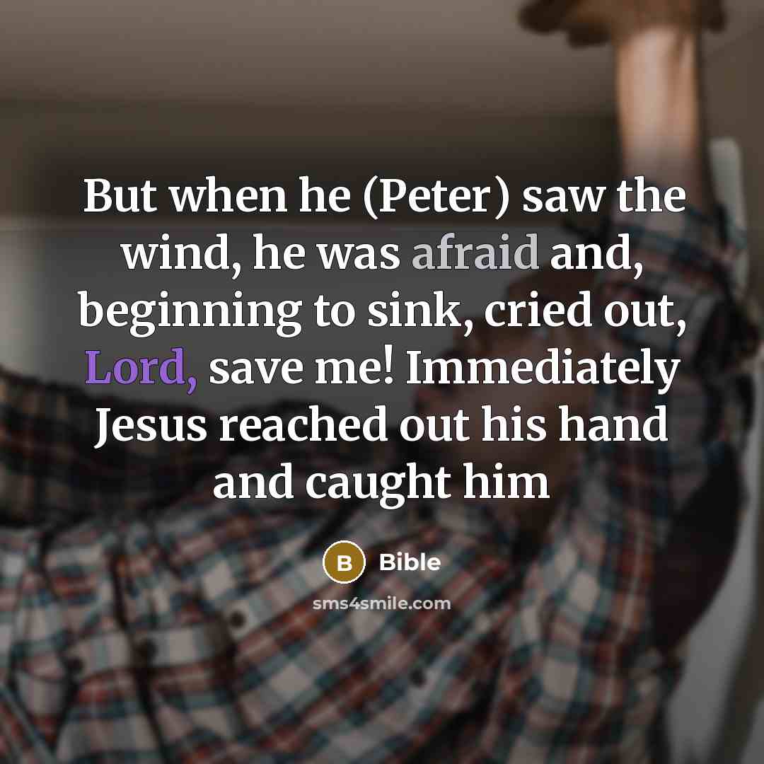 “But when he (Peter) saw the wind, he was afraid and, beginning to sink, cried out, Lord, save me! Immediately Jesus reached out his hand and caught him” quote by Bible