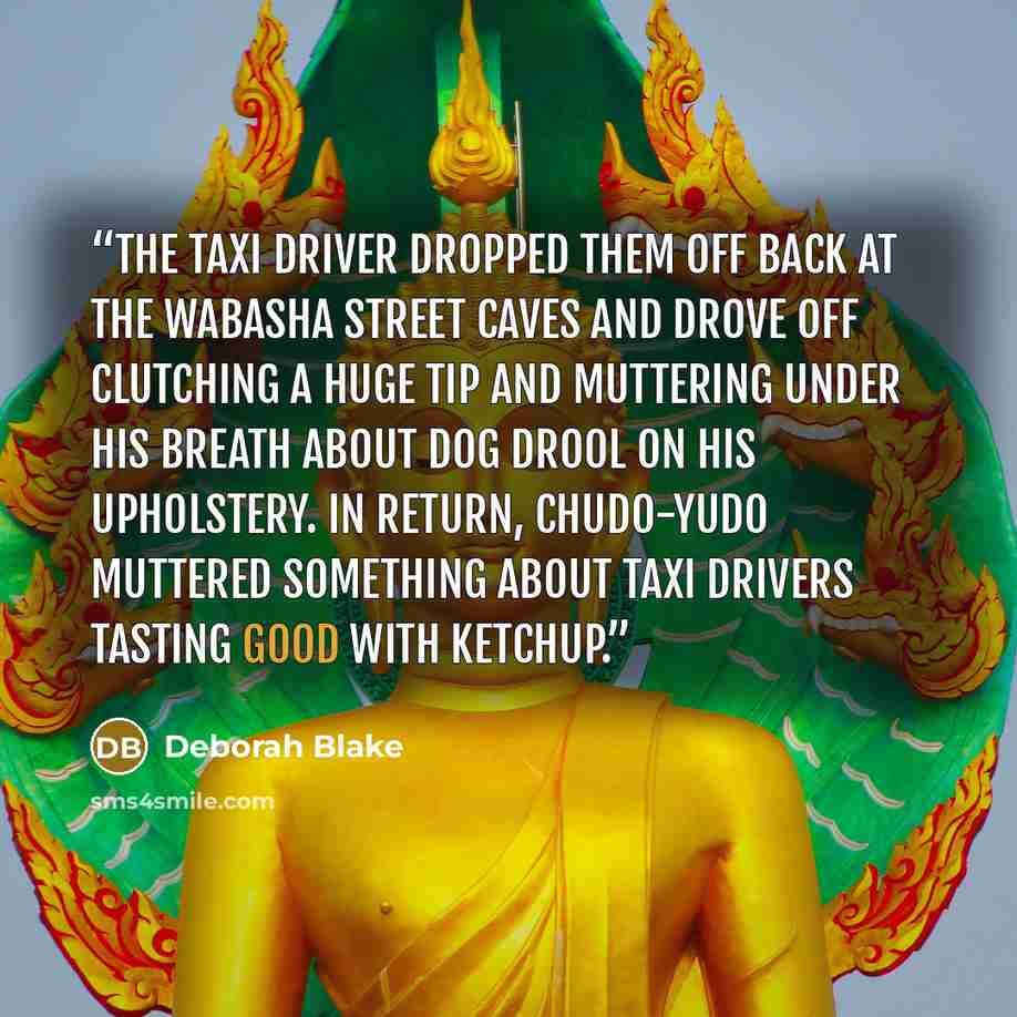 “The taxi driver dropped them off back at the Wabasha Street Caves and drove off clutching a huge tip and muttering under his breath about dog drool on his upholstery. In return, Chudo-Yudo muttered something about taxi drivers tasting good with ketchup.” quote by Deborah Blake