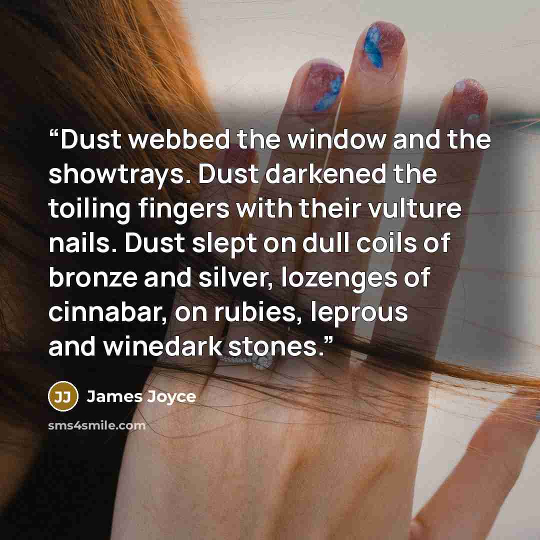 “Dust webbed the window and the showtrays. Dust darkened the toiling fingers with their vulture nails. Dust slept on dull coils of bronze and silver, lozenges of cinnabar, on rubies, leprous and winedark stones.” quote by James Joyce