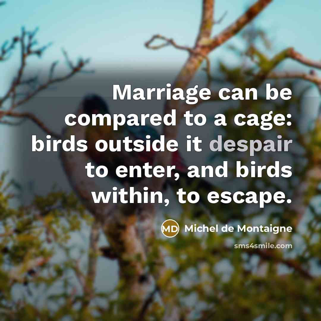 “Marriage can be compared to a cage: birds outside it despair to enter, and birds within, to escape.” quote by Michel de Montaigne