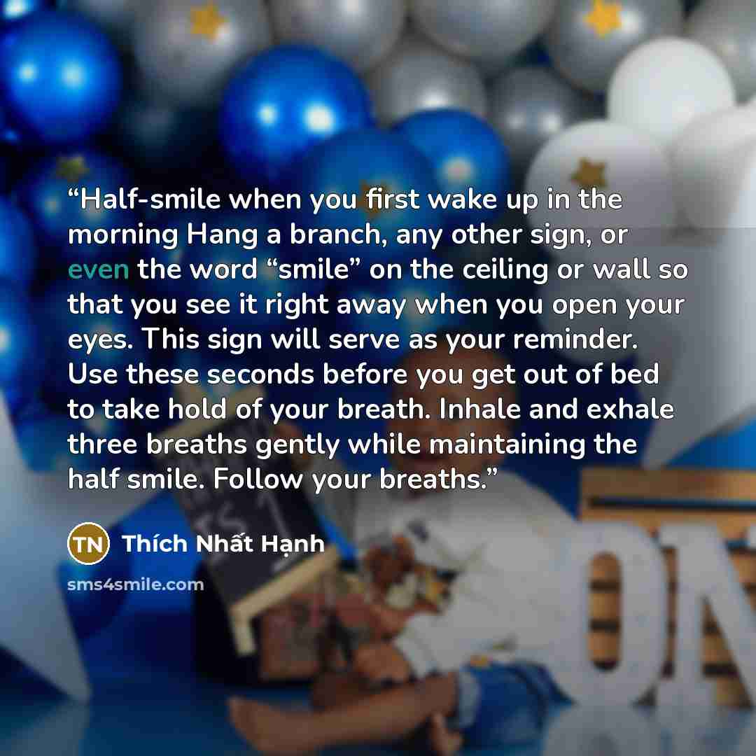 “Half-smile when you first wake up in the morning Hang a branch, any other sign, or even the word “smile” on the ceiling or wall so that you see it right away when you open your eyes. This sign will serve as your reminder. Use these seconds before you get out of bed to take hold of your breath…” quote by Thích Nhất Hạnh