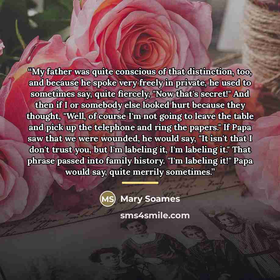 “My father was quite conscious of that distinction, too, and because he spoke very freely in private, he used to sometimes say, quite fiercely, "Now that's secret!" And then if I or somebody else looked hurt because they thought, "Well, of course I'm not going to leave the table and pick up the…” quote by Mary Soames