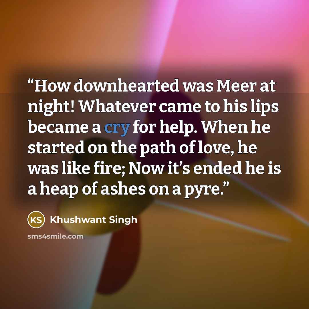 “How downhearted was Meer at night! Whatever came to his lips became a cry for help. When he started on the path of love, he was like fire; Now it’s ended he is a heap of ashes on a pyre.” quote by Khushwant Singh