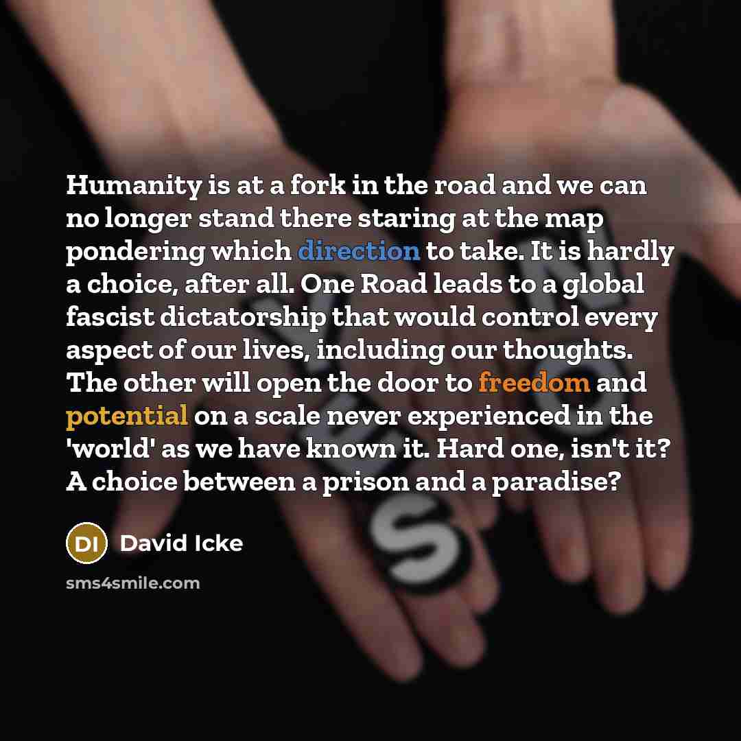 “Humanity is at a fork in the road and we can no longer stand there staring at the map pondering which direction to take. It is hardly a choice, after all. One Road leads to a global fascist dictatorship that would control every aspect of our lives, including our thoughts. The other will open the…” quote by David Icke