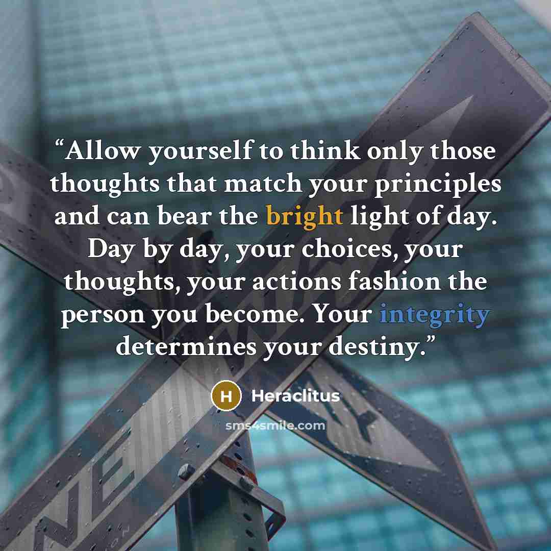 “Allow yourself to think only those thoughts that match your principles and can bear the bright light of day. Day by day, your choices, your thoughts, your actions fashion the person you become. Your integrity determines your destiny.” quote by Heraclitus