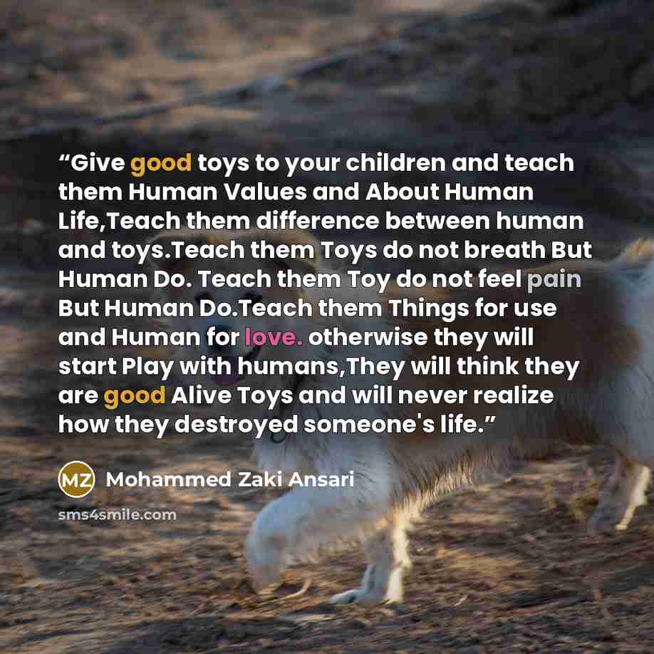 “Give good toys to your children and teach them Human Values and About Human Life,Teach them difference between human and toys.Teach them Toys do not breath But Human Do. Teach them Toy do not feel pain But Human Do.Teach them Things for use and Human for love. otherwise they will start Play with…” quote by Mohammed Zaki Ansari
