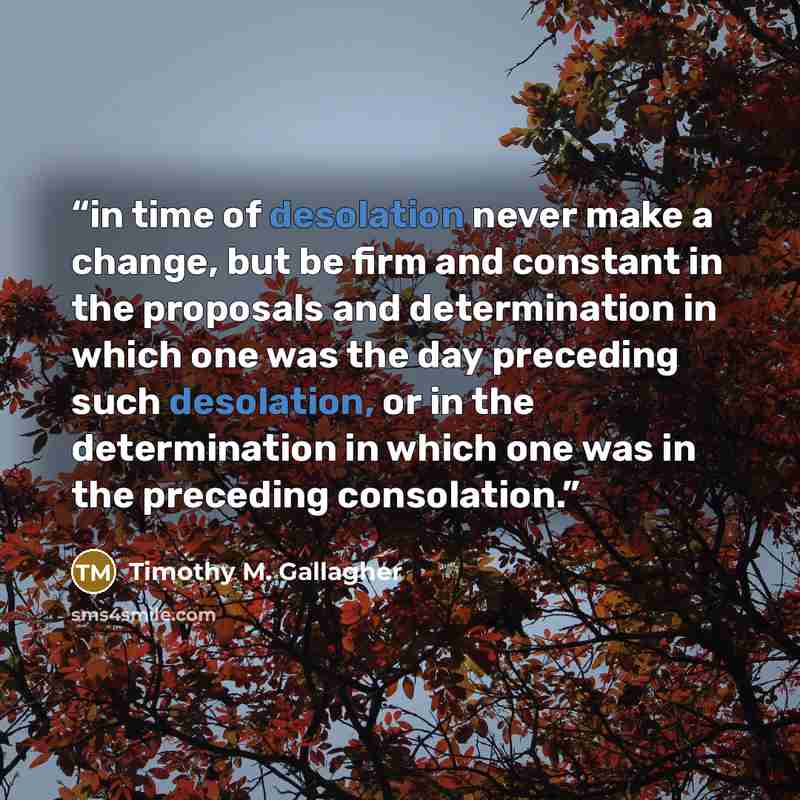 “in time of desolation never make a change, but be firm and constant in the proposals and determination in which one was the day preceding such desolation, or in the determination in which one was in the preceding consolation.” quote by Timothy M. Gallagher