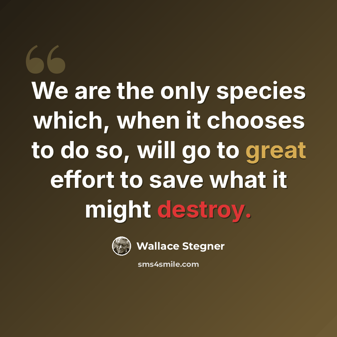 “We are the only species which, when it chooses to do so, will go to great effort to save what it might destroy.” quote by Wallace Stegner