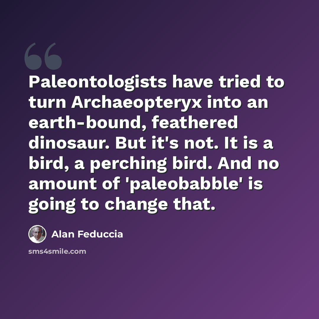 “Paleontologists have tried to turn Archaeopteryx into an earth-bound, feathered dinosaur. But it's not. It is a bird, a perching bird. And no amount of 'paleobabble' is going to change that.” quote by Alan Feduccia