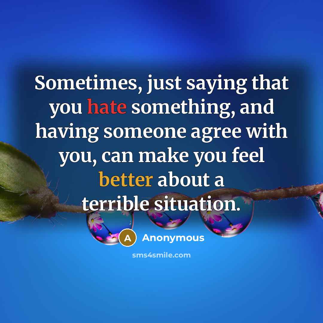 “Sometimes, just saying that you hate something, and having someone agree with you, can make you feel better about a terrible situation.” quote by Anonymous