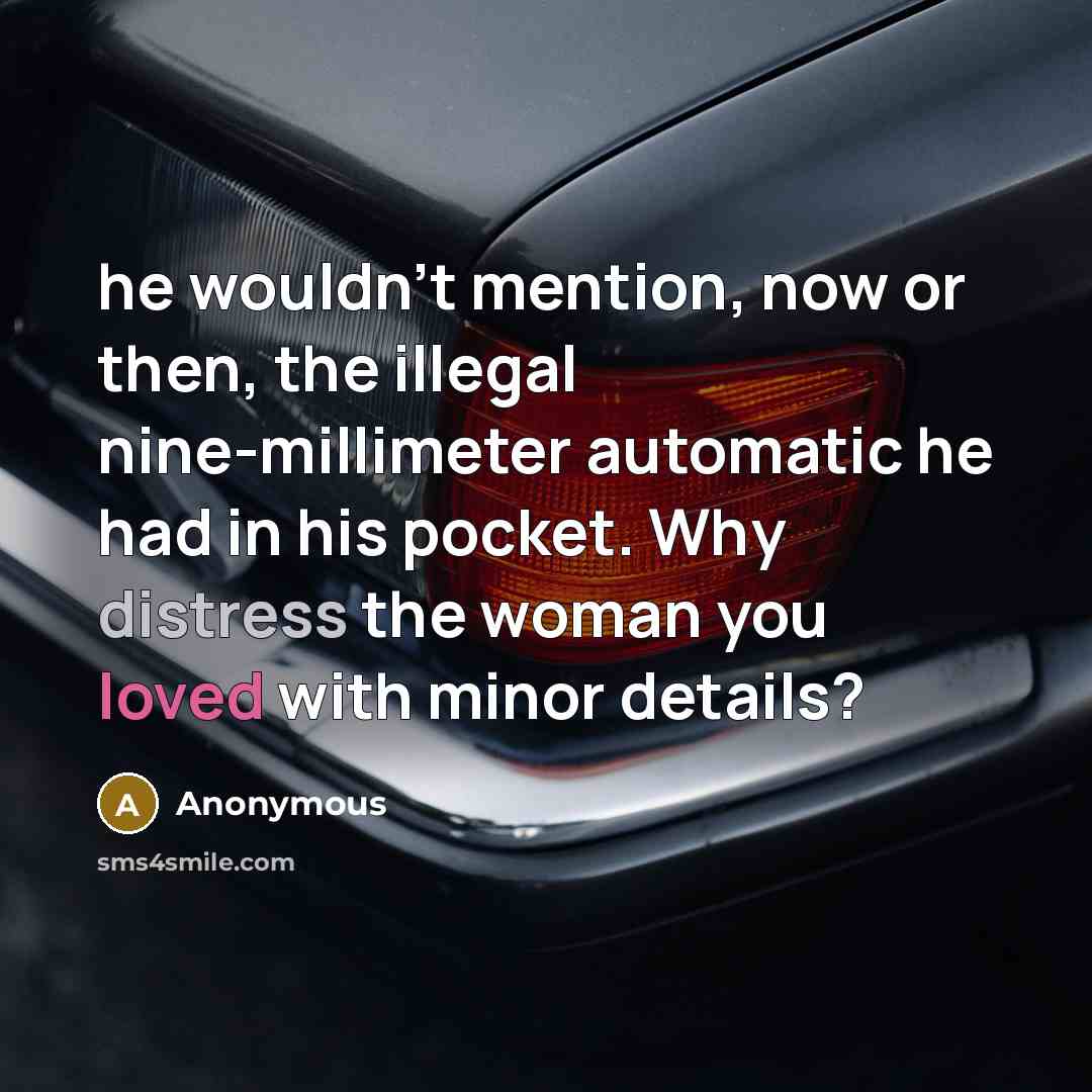 “he wouldn't mention, now or then, the illegal nine-millimeter automatic he had in his pocket. Why distress the woman you loved with minor details?” quote by Anonymous