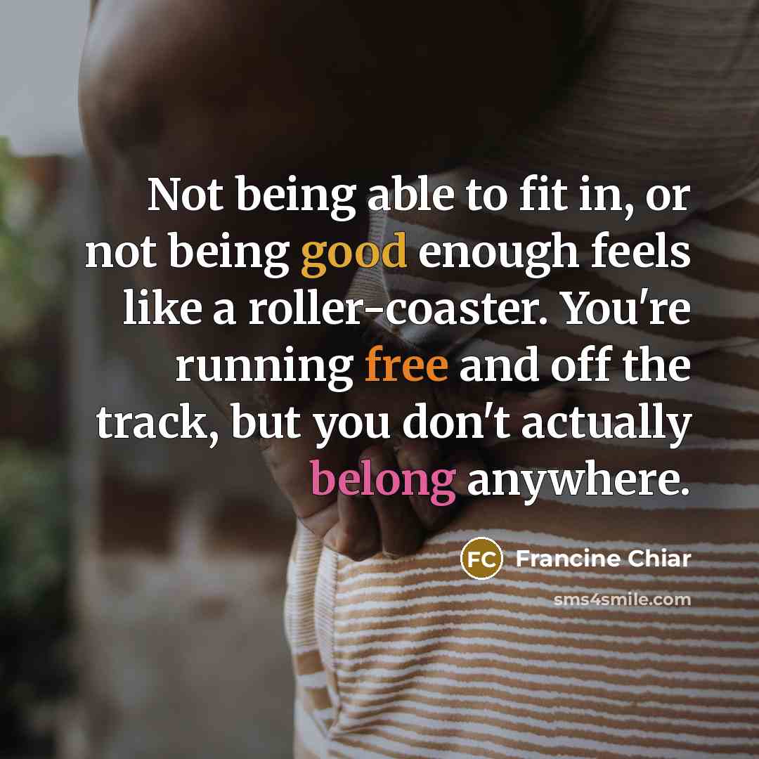 “Not being able to fit in, or not being good enough feels like a roller-coaster. You're running free and off the track, but you don't actually belong anywhere.” quote by Francine Chiar