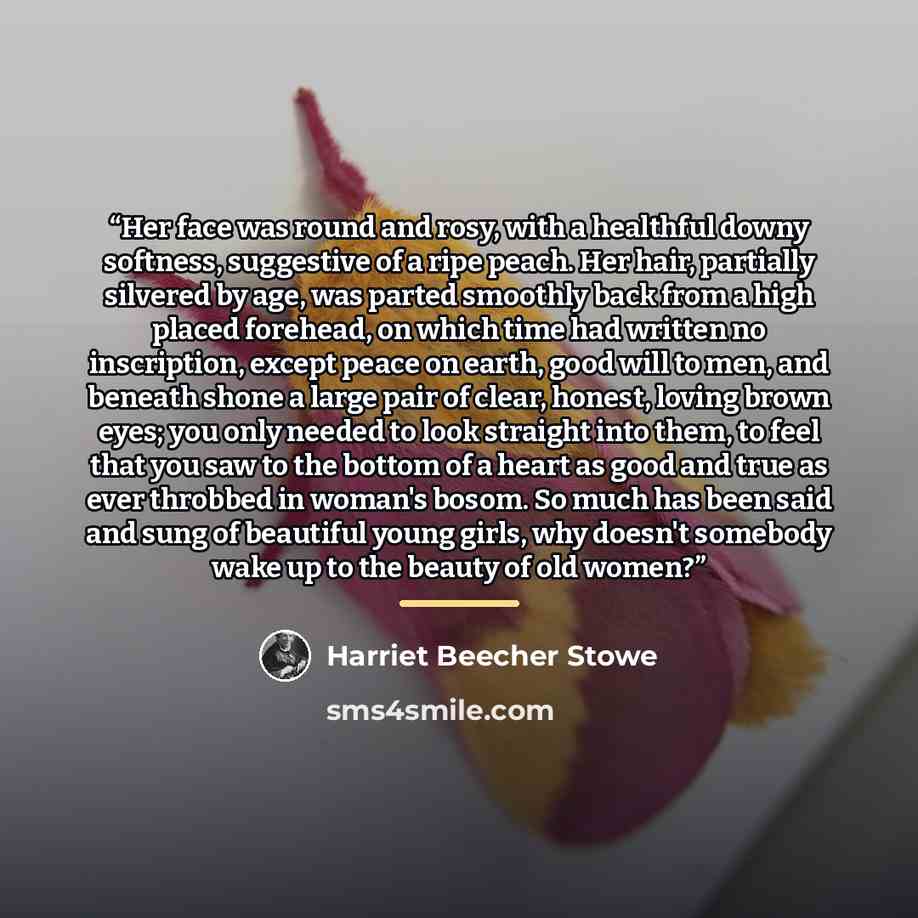 “Her face was round and rosy, with a healthful downy softness, suggestive of a ripe peach. Her hair, partially silvered by age, was parted smoothly back from a high placed forehead, on which time had written no inscription, except peace on earth, good will to men, and beneath shone a large pair of…” quote by Harriet Beecher Stowe