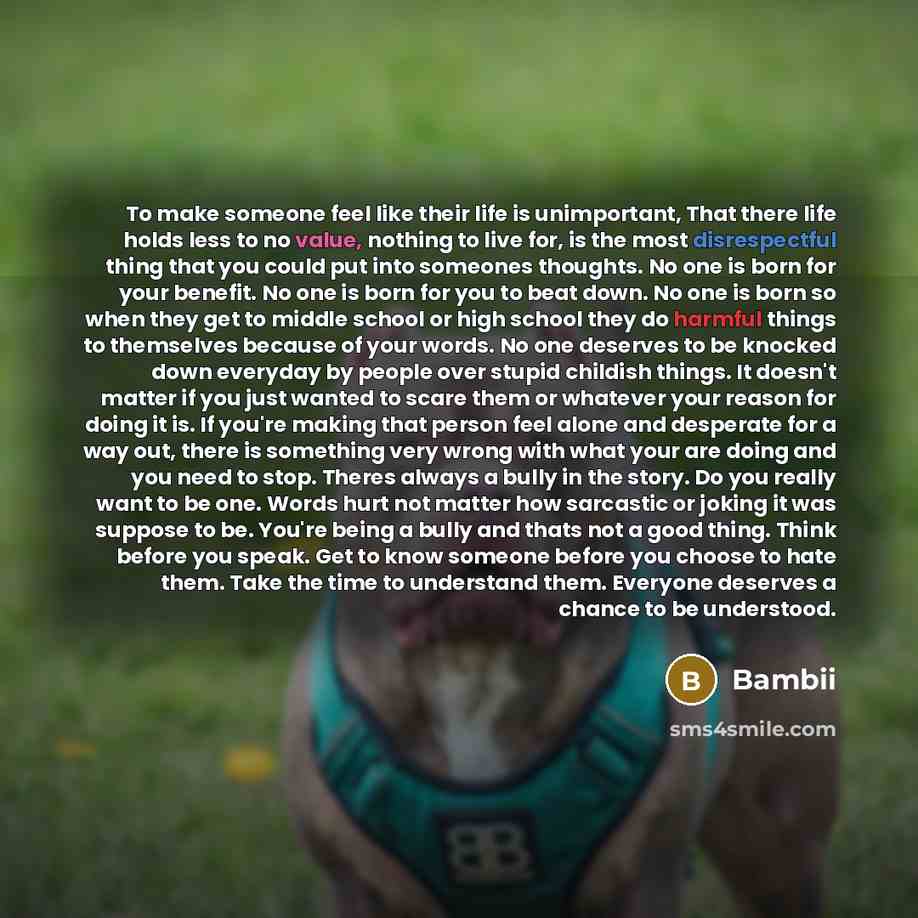 “To make someone feel like their life is unimportant, That there life holds less to no value, nothing to live for, is the most disrespectful thing that you could put into someones thoughts. No one is born for your benefit. No one is born for you to beat down. No one is born so when they get to…” quote by Bambii
