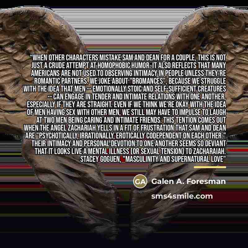 “when other characters mistake Sam and Dean for a couple, this is not just a crude attempt at homophobic humor. It also reflects that many Americans are not used to observing intimacy in people unless they're romantic partners. We joke about "bromances", because we struggle with the idea that men…” quote by Galen A. Foresman