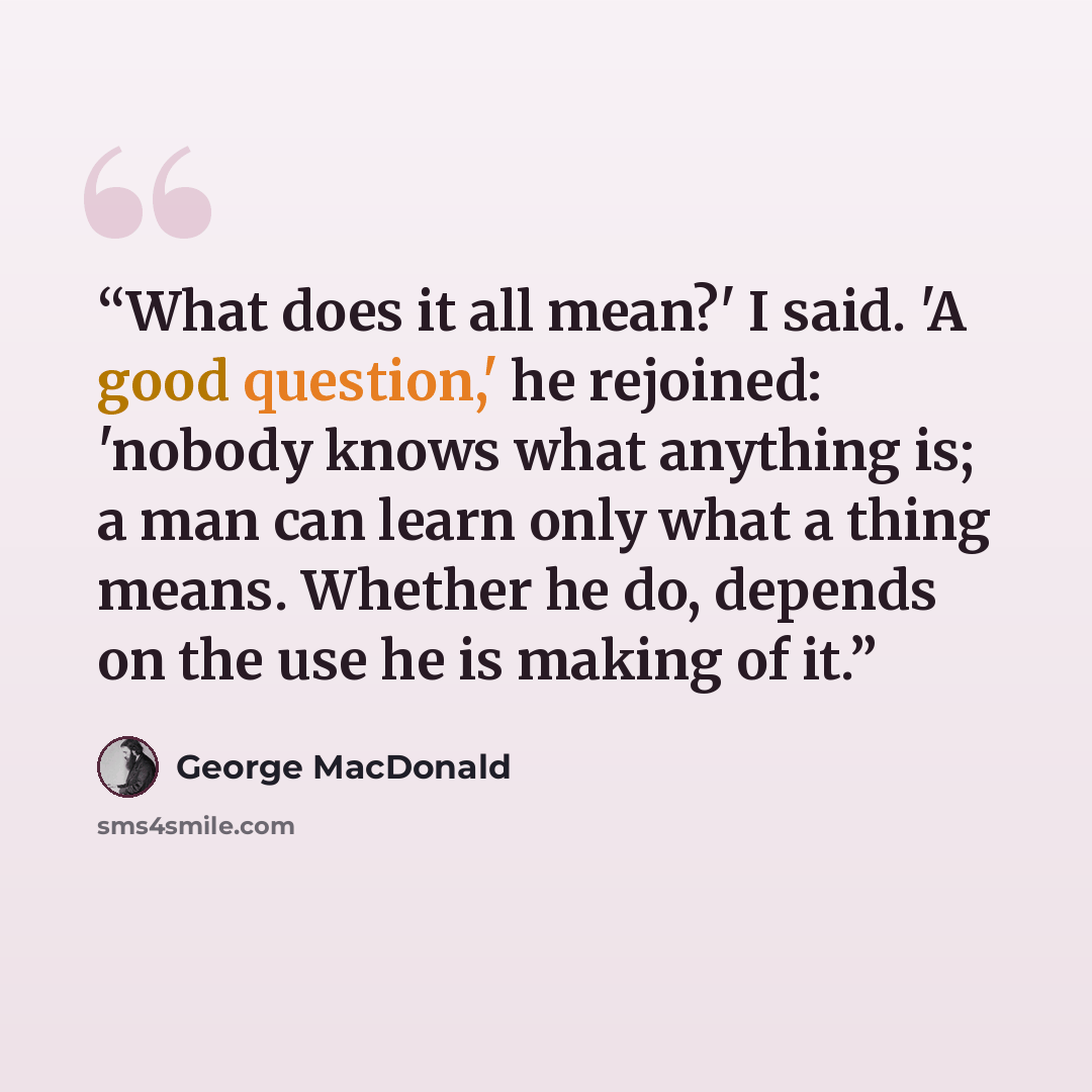 “What does it all mean?' I said. 'A good question,' he rejoined: 'nobody knows what anything is; a man can learn only what a thing means. Whether he do, depends on the use he is making of it.” quote by George MacDonald